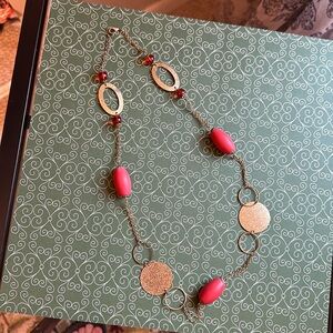 Long gold tone beaded necklace